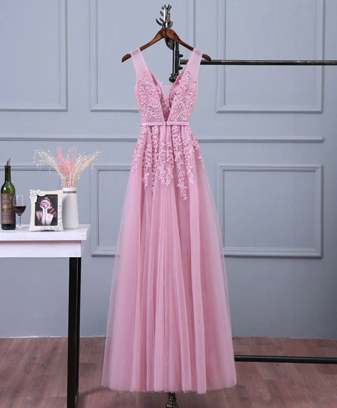Pink V Neck Lace Tulle Long Prom Dress, Lace Evening Dresses - Deanwangkt