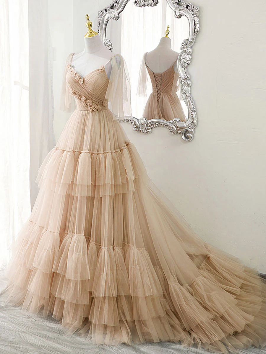 Blue v neck tulle long prom dress, blue tulle formal dress - Deanwangkt