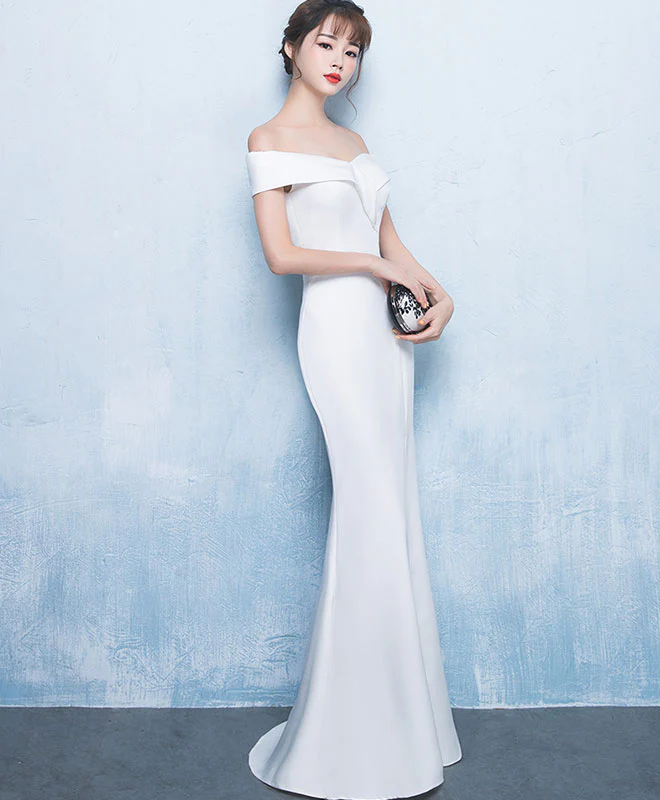 White Mermaid Long Prom Dress, White Evening Dress - Deanwangkt