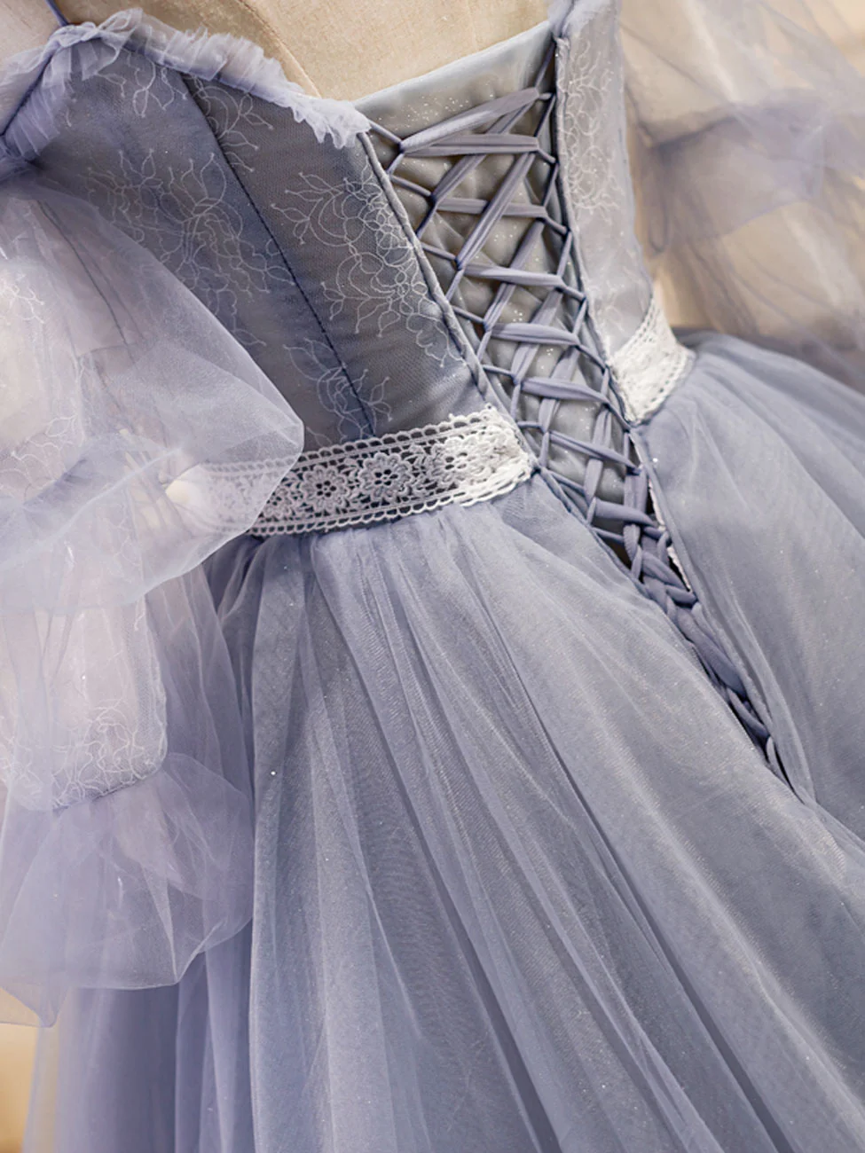 Gray Blue A-Line Tulle Lace Long Prom Dresses, Gray Blue Formal Graduation Dress - Deanwangkt