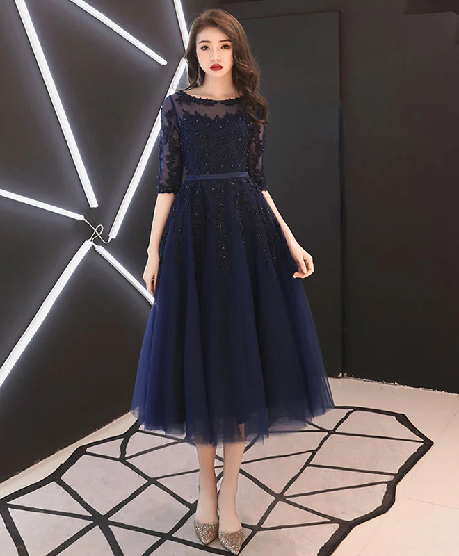 Blue Round Neck Tulle Lace Prom Dresses, Tea Length Blue Homecoming Dresses - Deanwangkt