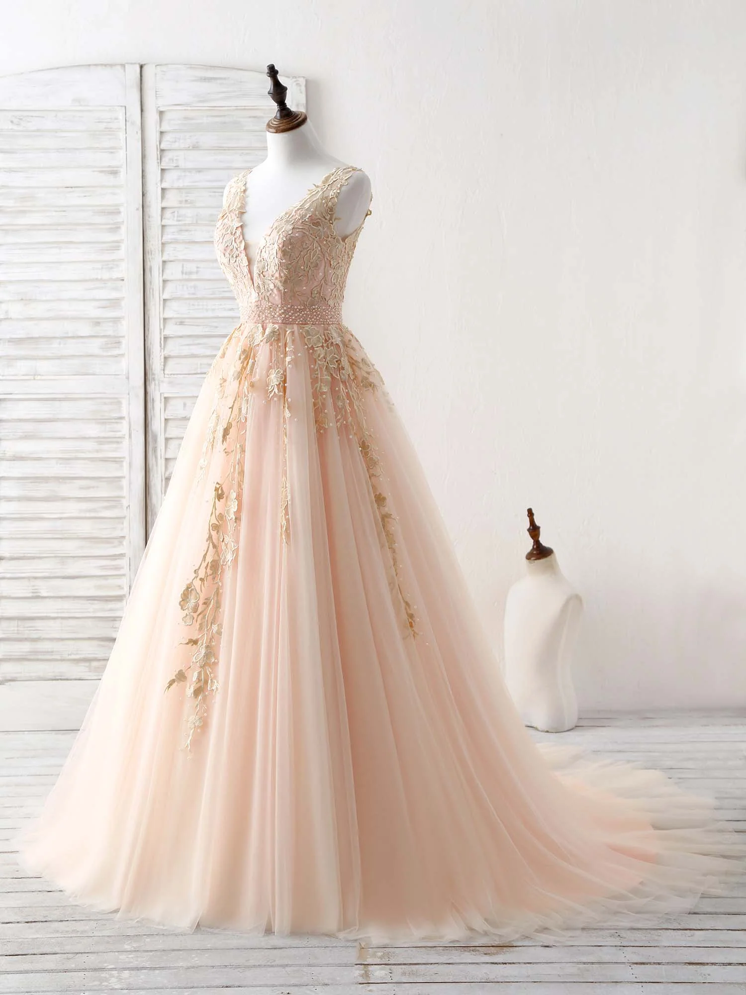 Unique V Neck Tulle Lace Applique Long Prom Dress, Evening Dress - Deanwangkt