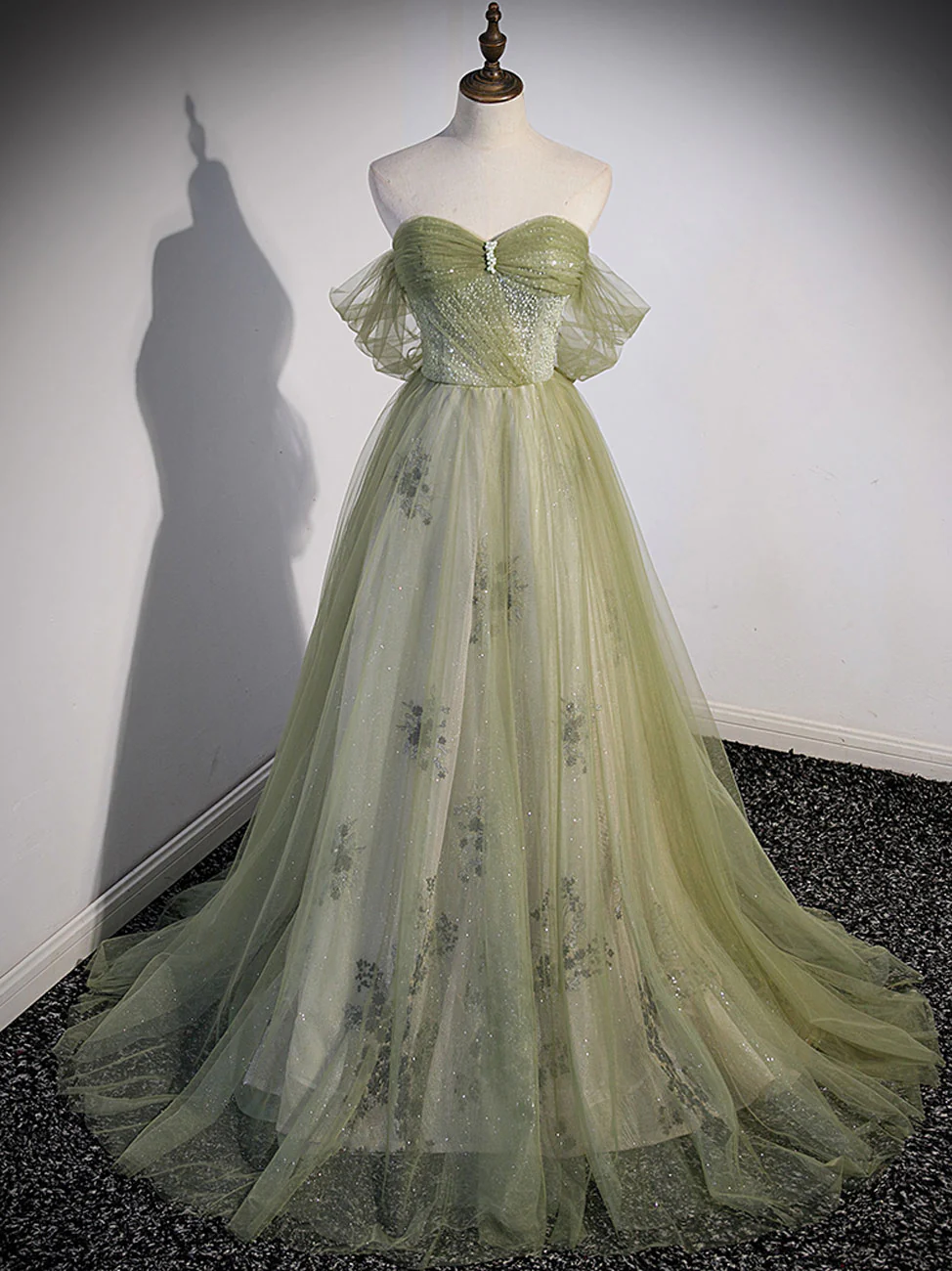 A Line Green Tulle Long Prom Dress, Green Formal Evening Dress with Beading - Deanwangkt