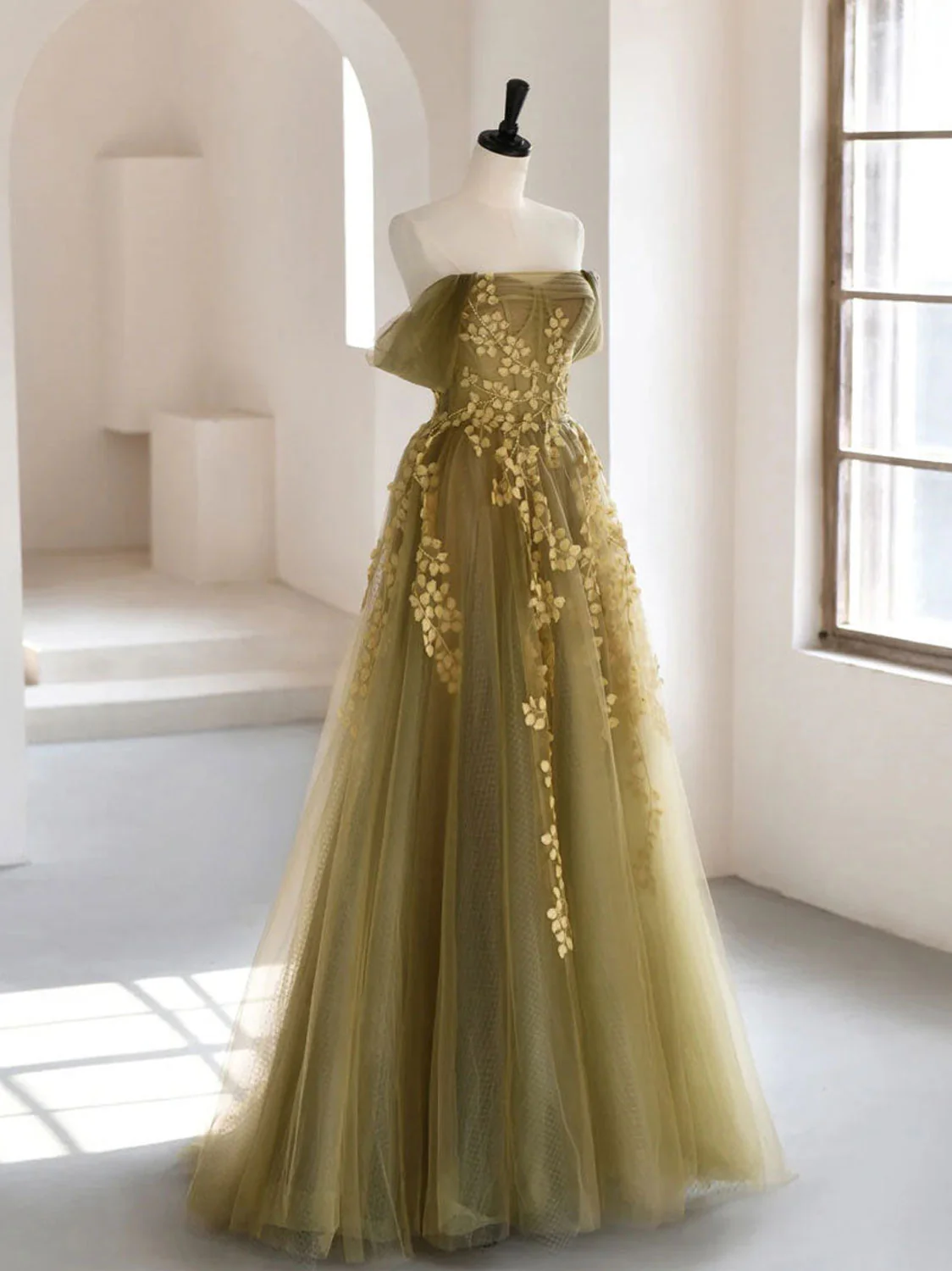 A-Line Off Shoulder Tulle Lace Long Prom Dress, Green Tulle Formal Evening Dress - Deanwangkt