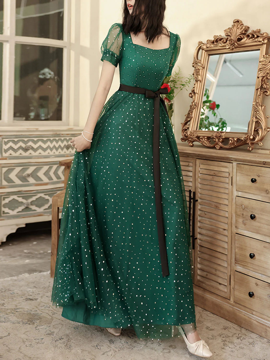 Green A line Long Prom Dress, Green Tulle Long Formal Dress - Deanwangkt