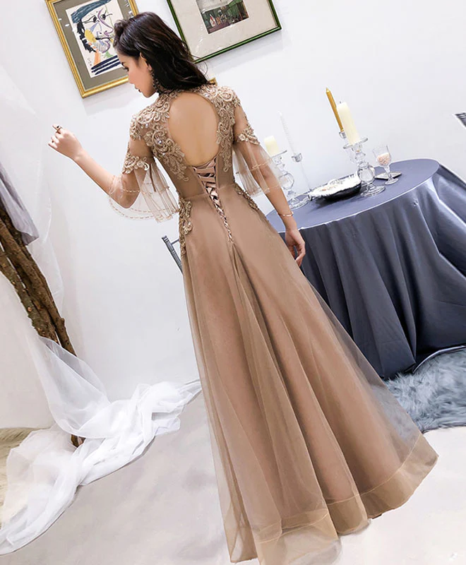 Champagne High Neck Tulle Lace Long Prom Dress, Champagne Evening Dress - Deanwangkt