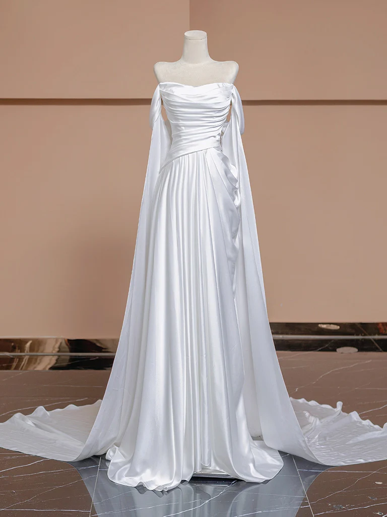 A-Line White Satin Long Prom Dress, White Long Formal Dress - Deanwangkt