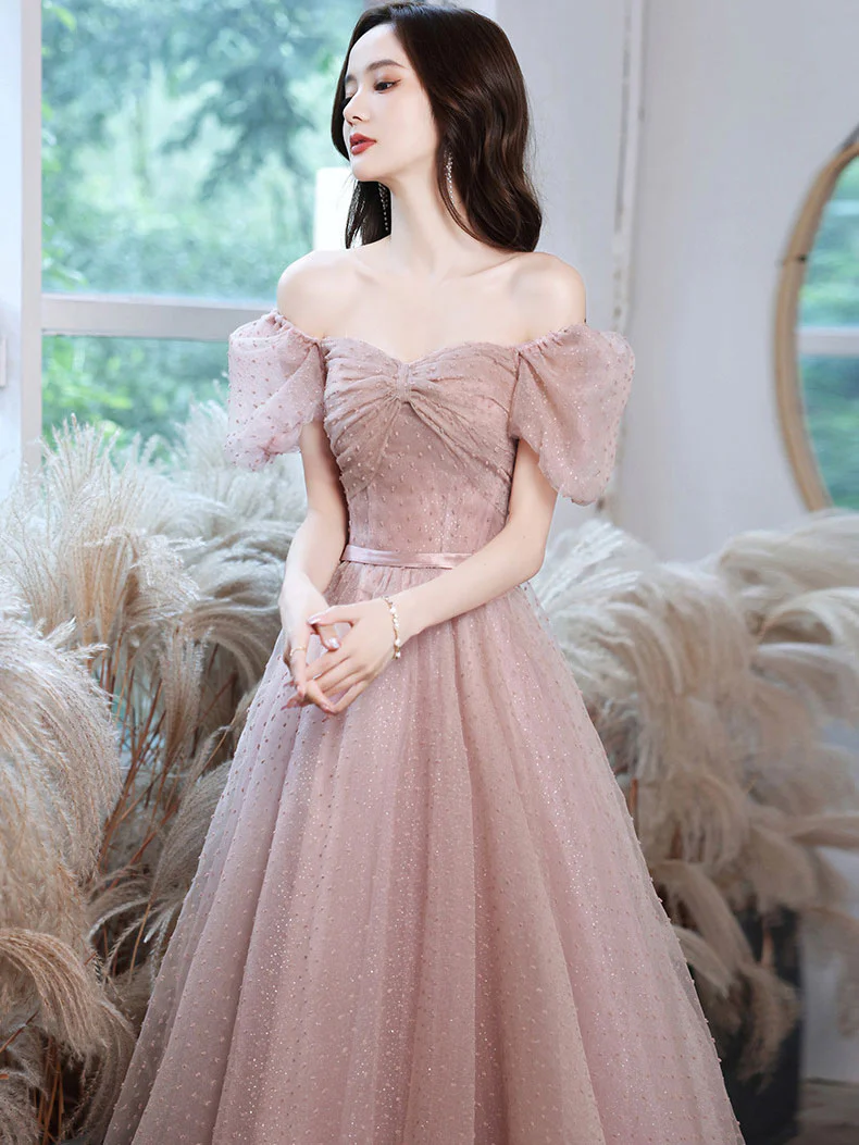 Pink A line Tulle Long Prom Dress. Pink Lace Bridesmaid Dress - Deanwangkt
