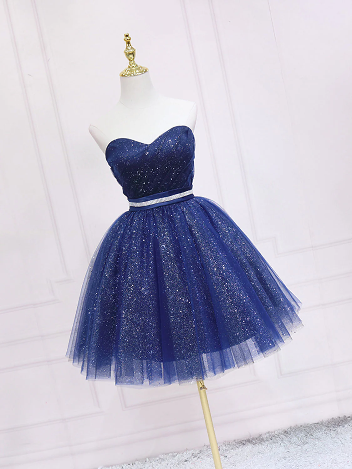 Dark Blue Sweetheart Neck Tulle Sequin Short Prom Dress Blue Puffy Homecoming Dress - Deanwangkt