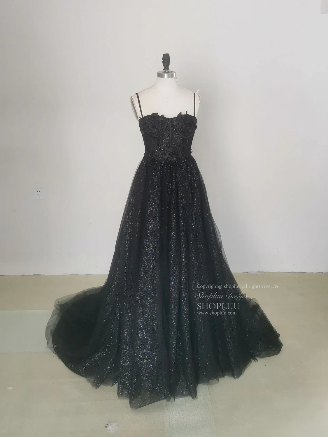Black A line Sweetheart Tulle Sequin Long Prom Dress, Black Graduation Dresses - Deanwangkt