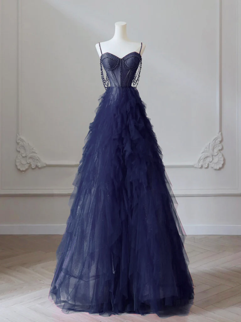 A-Line Sweetheart Neck Tulle Dark Blue Long Prom Dress, Dark Blue Long Graduation Dress with Beads - Deanwangkt