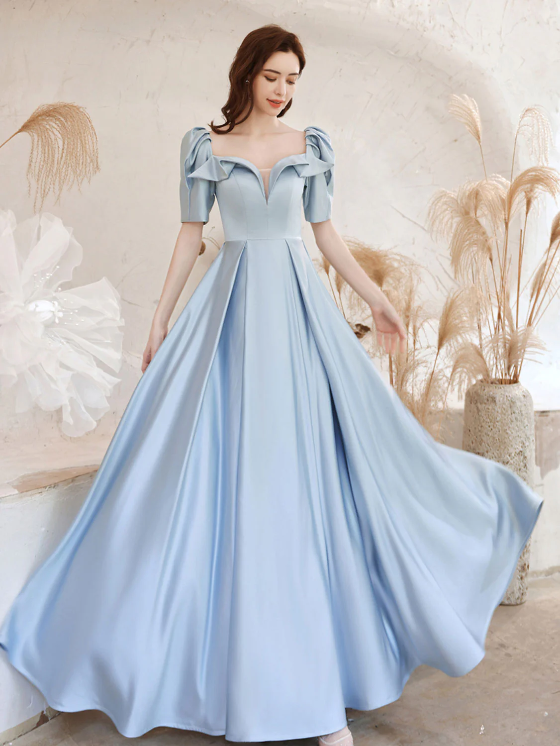 A-Line Square Neckline Satin Blue Long Prom Dress, Blue Evening Dresses - Deanwangkt