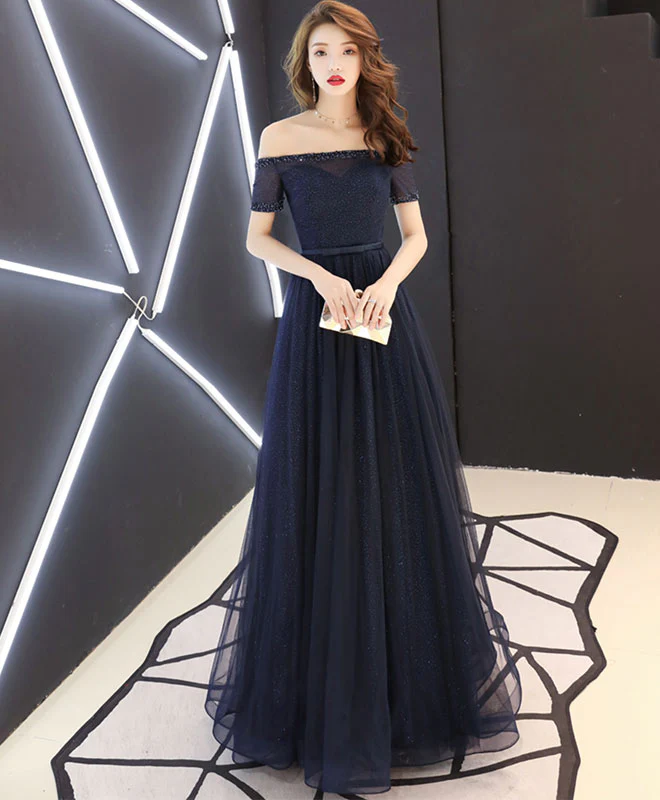 Dark Blue Tulle Long Prom Dress, Blue Tulle Evening Dress - Deanwangkt