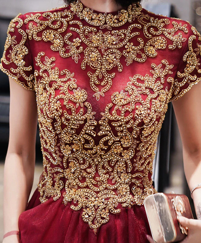 Burgundy Tulle Beads Long Prom Dress, Tulle Burgundy Evening Dress - Deanwangkt