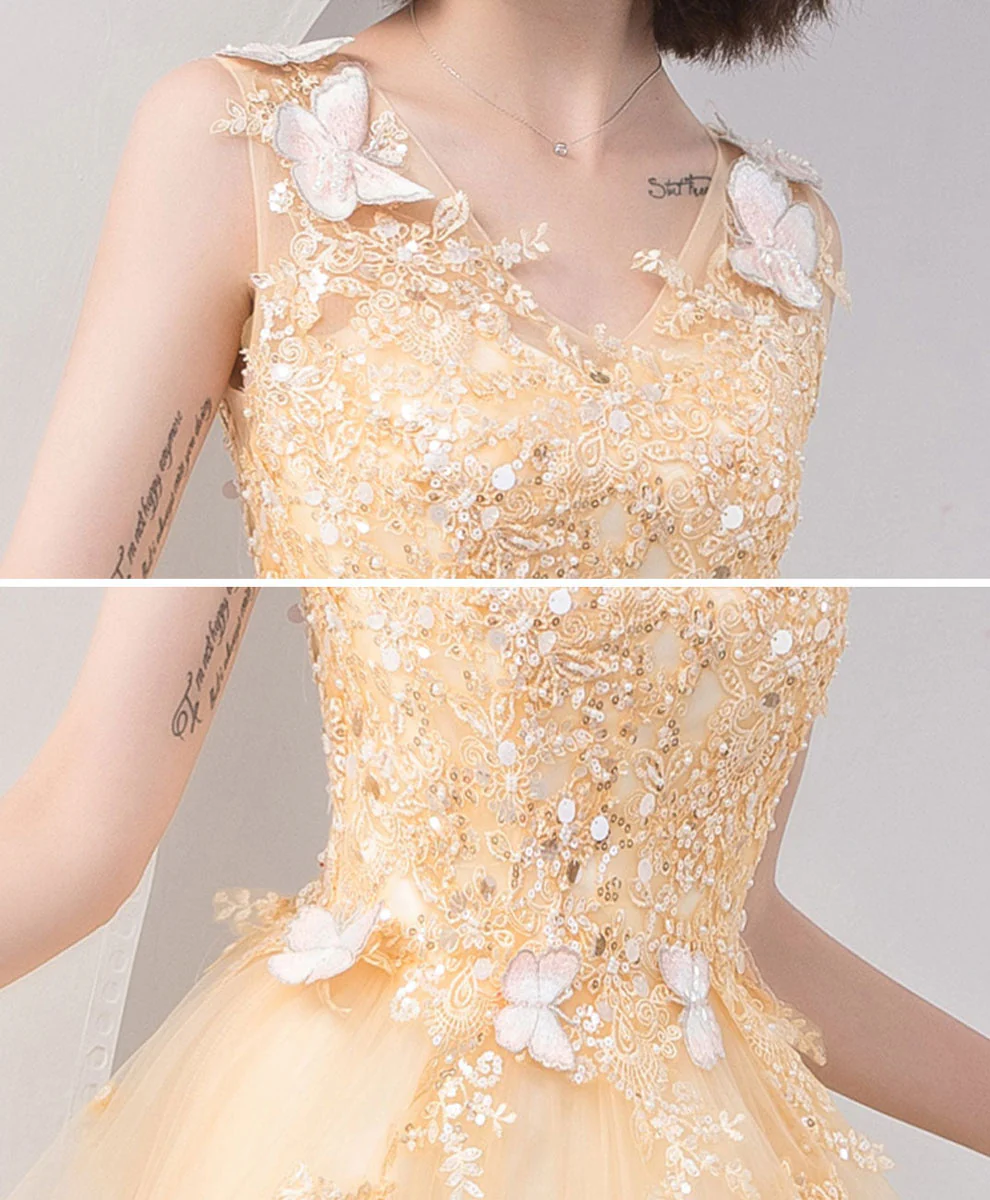 Champagne Lace Tulle Short Prom Dress, Champagne Lace Homecoming Dress - Deanwangkt