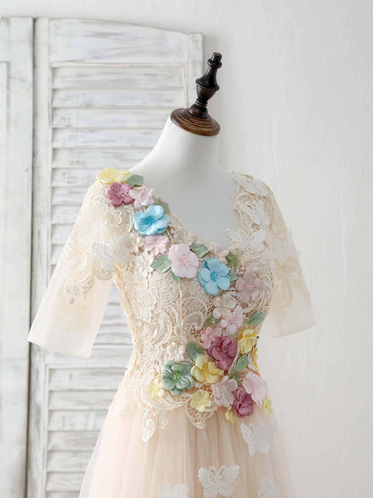 Unique Champagne Lace Applique Tulle Long Prom Dress, Evening Dress - Deanwangkt
