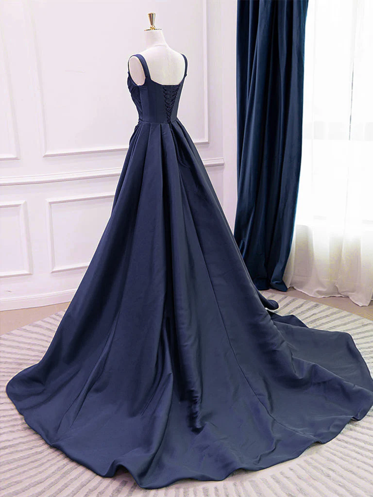 A-Line Satin Dark Blue Long Prom Dress, Dark Blue Long Evening Dress - Deanwangkt