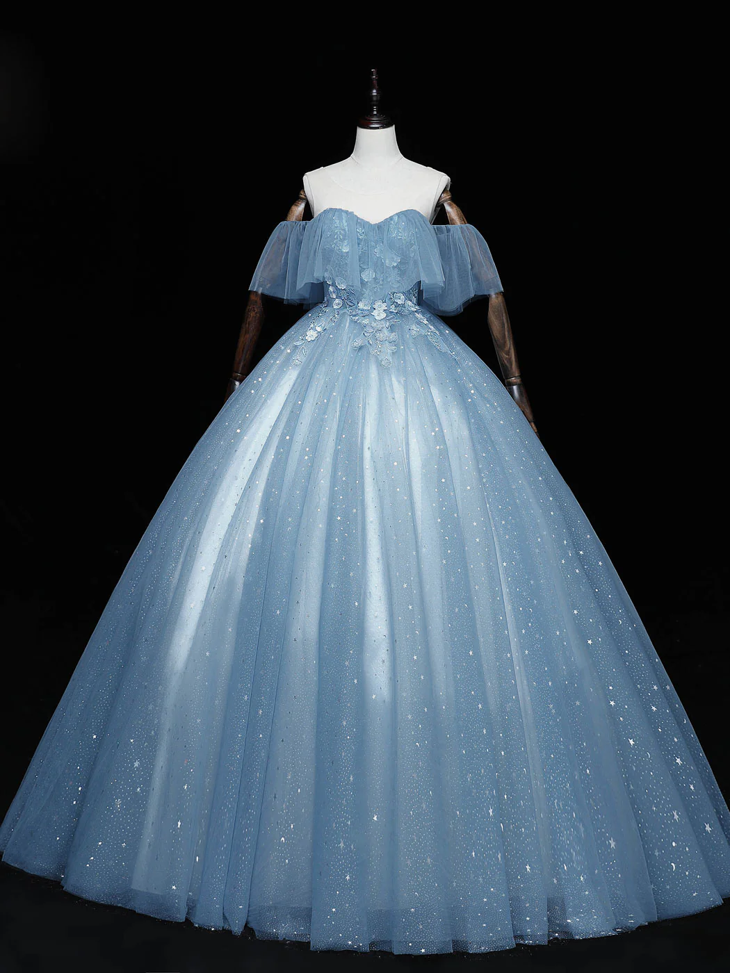 Gray Blue Tulle Off Shoulder Long Prom Dress, Blue Tulle Formal Dresses - Deanwangkt