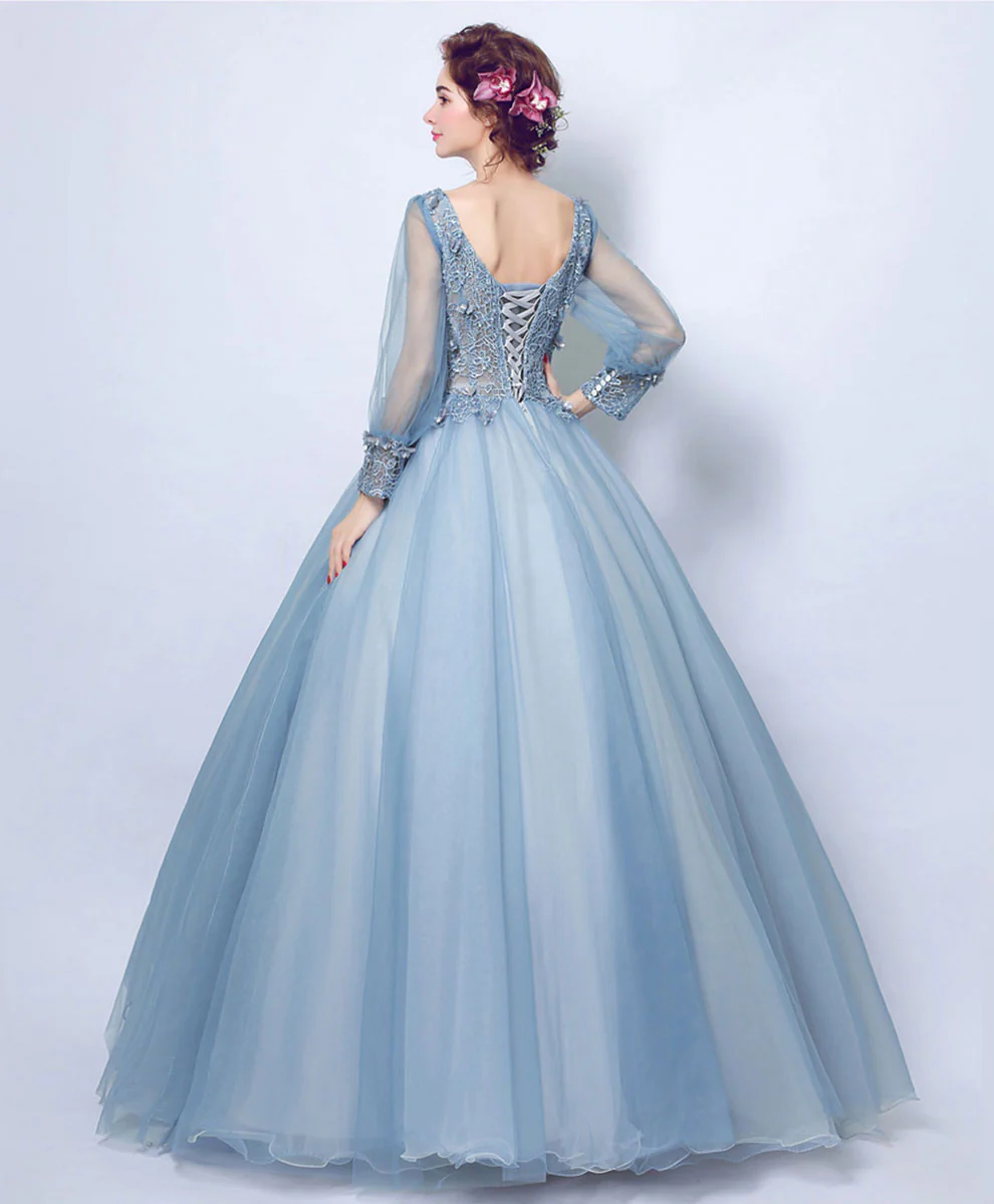 Blue V Neck Tulle Lace Long Prom Dress, Blue Lace Evening Dress - Deanwangkt