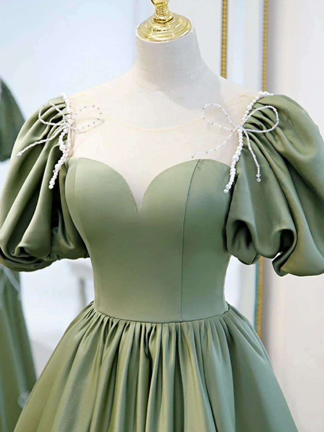 A-Line Green Puffy Sleeve Satin Short Prom Dress, Green Short Formal Dress - Deanwangkt