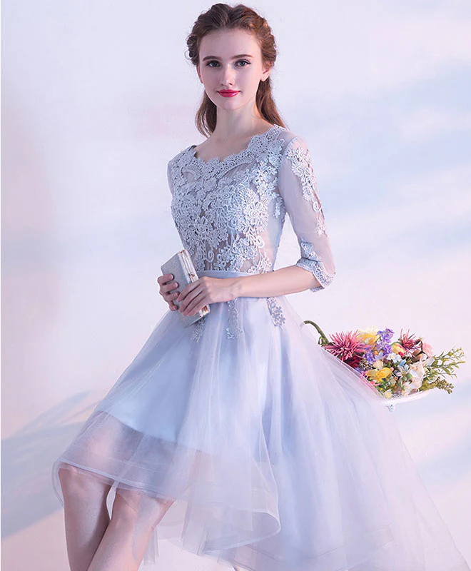 Gray Lace Tulle High Low Prom Dress, Gray Bridesmaid Dress - Deanwangkt