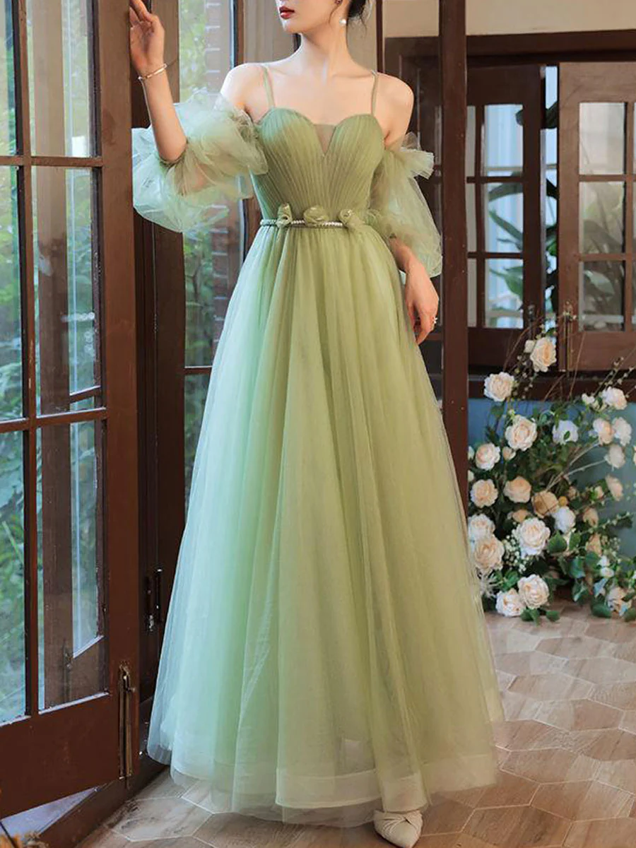 Simple A line Green Long Prom Dress, Green Tulle Bridesmaid Dress - Deanwangkt