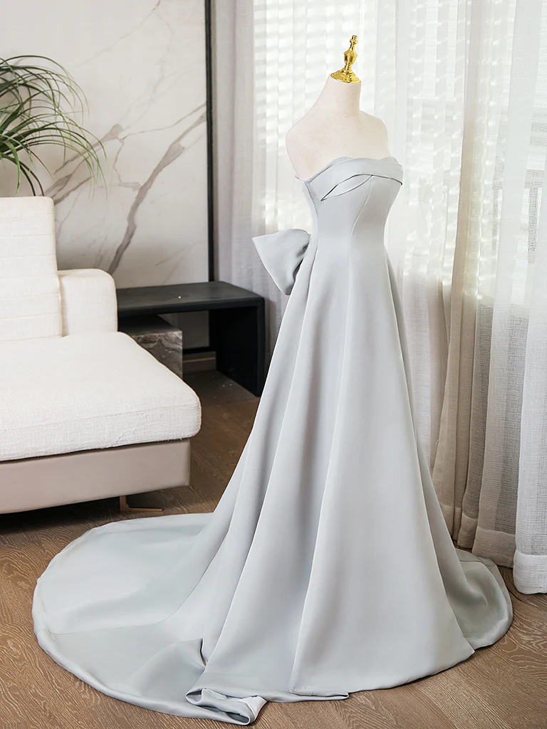 A-Line Sweetheart Neck Satin Gray Long Prom Dress, Gray Long Formal Dress - Deanwangkt