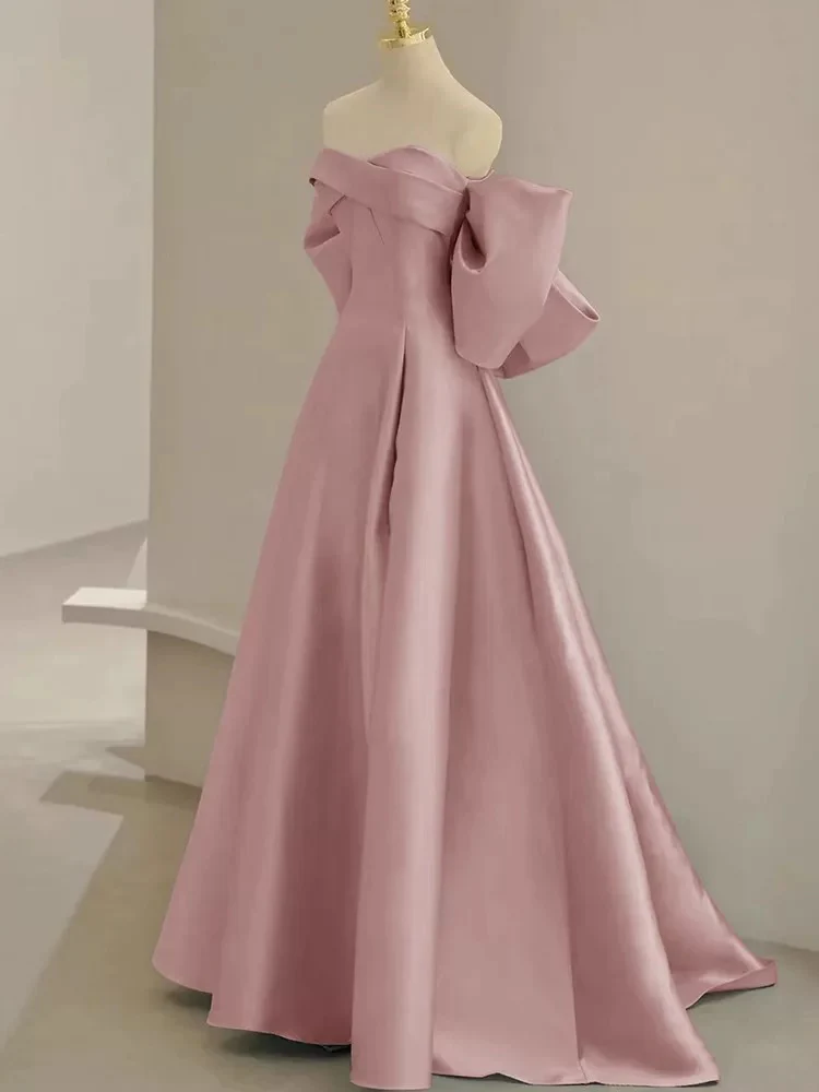 Pink A-Line Satin Long Prom Dresses, Pink Satin Evening Dresses - Deanwangkt