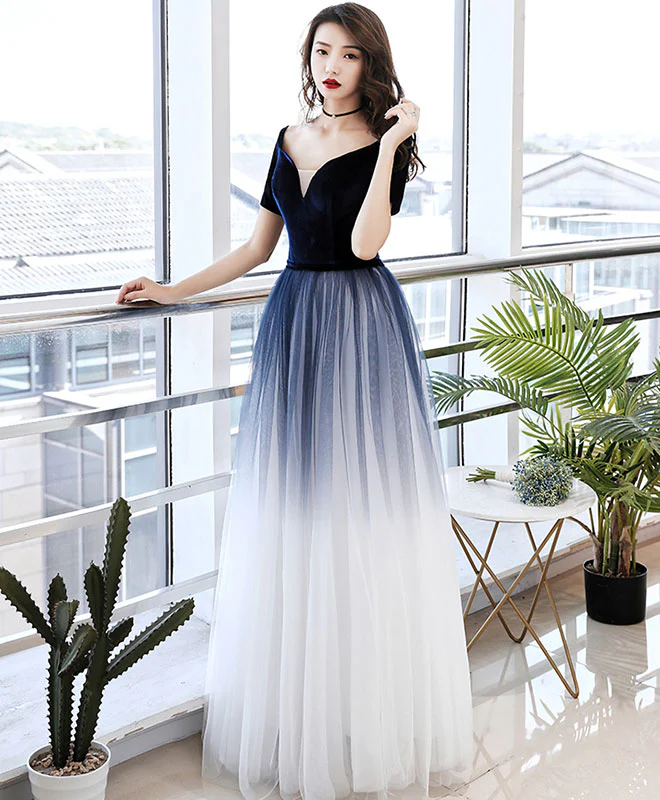 Simple Blue Tulle Long Prom Dress Blue Tulle Evening Dress - Deanwangkt