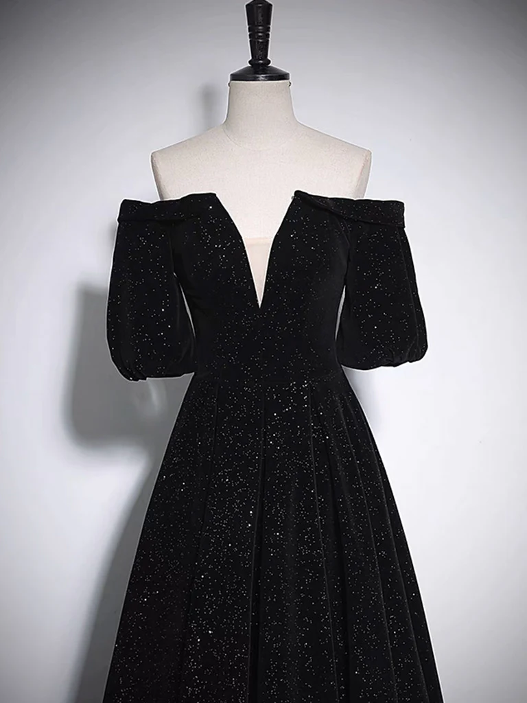 A-Line V Neck Velvet Black Long Prom Dress, Black Formal Evening Dress - Deanwangkt