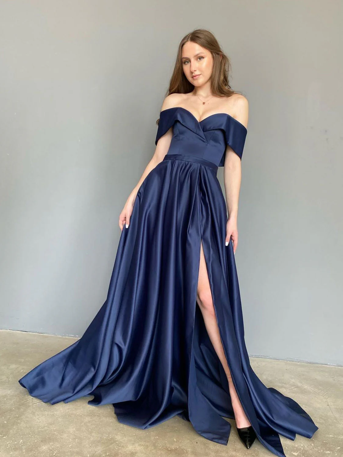 Blue Sweetheart Off Shoulder Satin Long Prom Dress, Blue Formal Graduation Party Dress - Deanwangkt