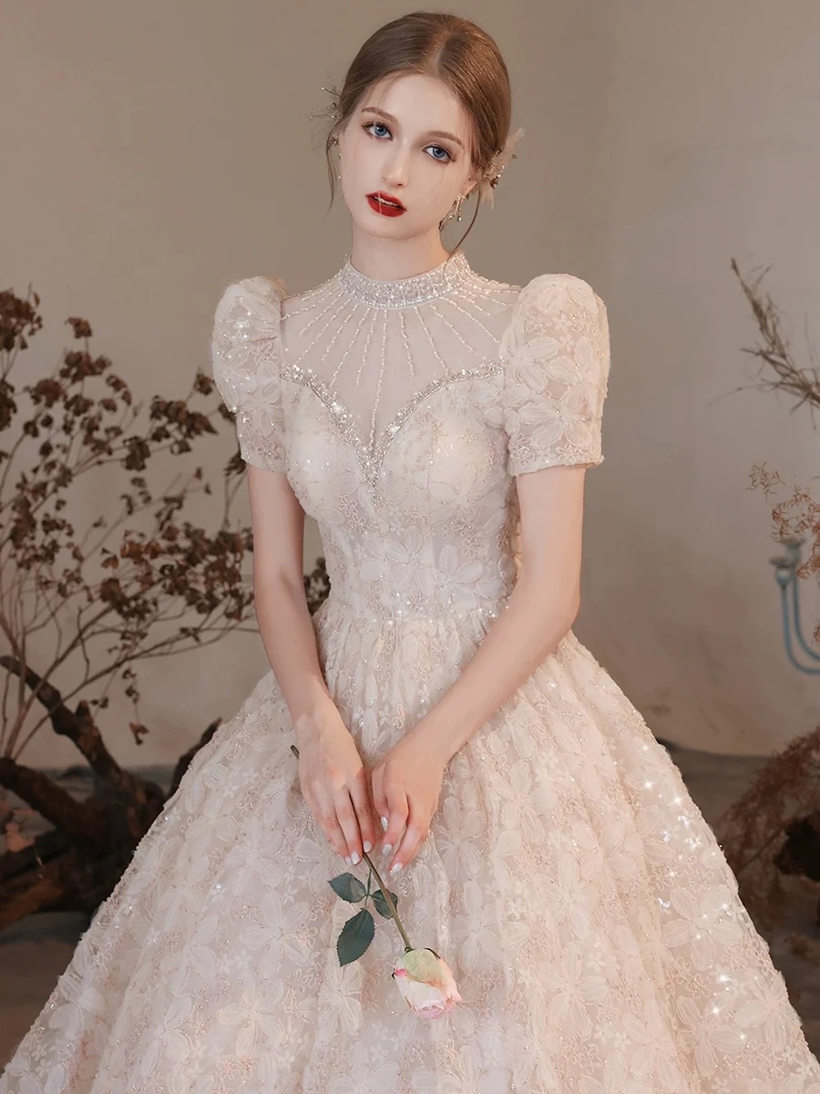 A-Line High Neck Lace Champagne Long Prom Dress with Beads - Deanwangkt