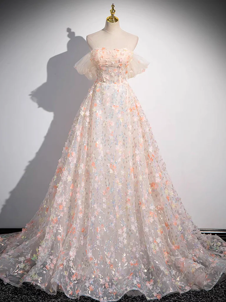 A-Line Off Shoulder Tulle Lace Champagne Long Prom Dress, Champagne Formal Dress - Deanwangkt