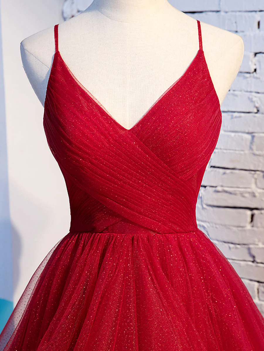 Simple V Neck Tulle Burgundy Long Prom Dress, Burgundy Formal Graduation Dresses - Deanwangkt