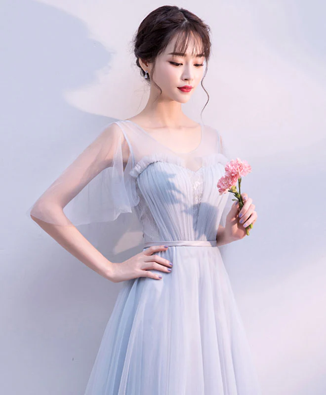 Gray V Neck Tulle Long Prom Dress, Gray Tulle Evening Dress - Deanwangkt