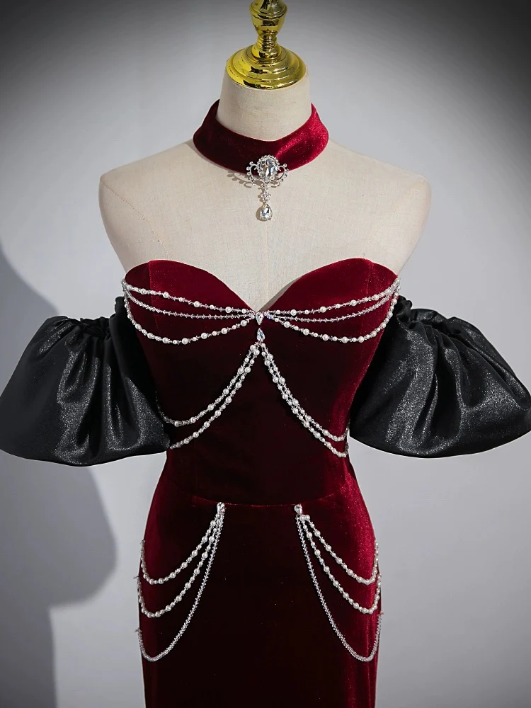 Trumpet/Mermaid Velvet Burgundy Long Prom Dress with Beads - Deanwangkt