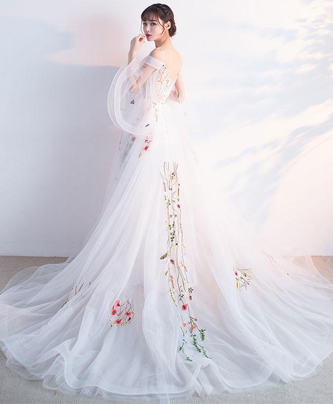 White Tulle Applique Long Prom Dress, White Evening Dress - Deanwangkt