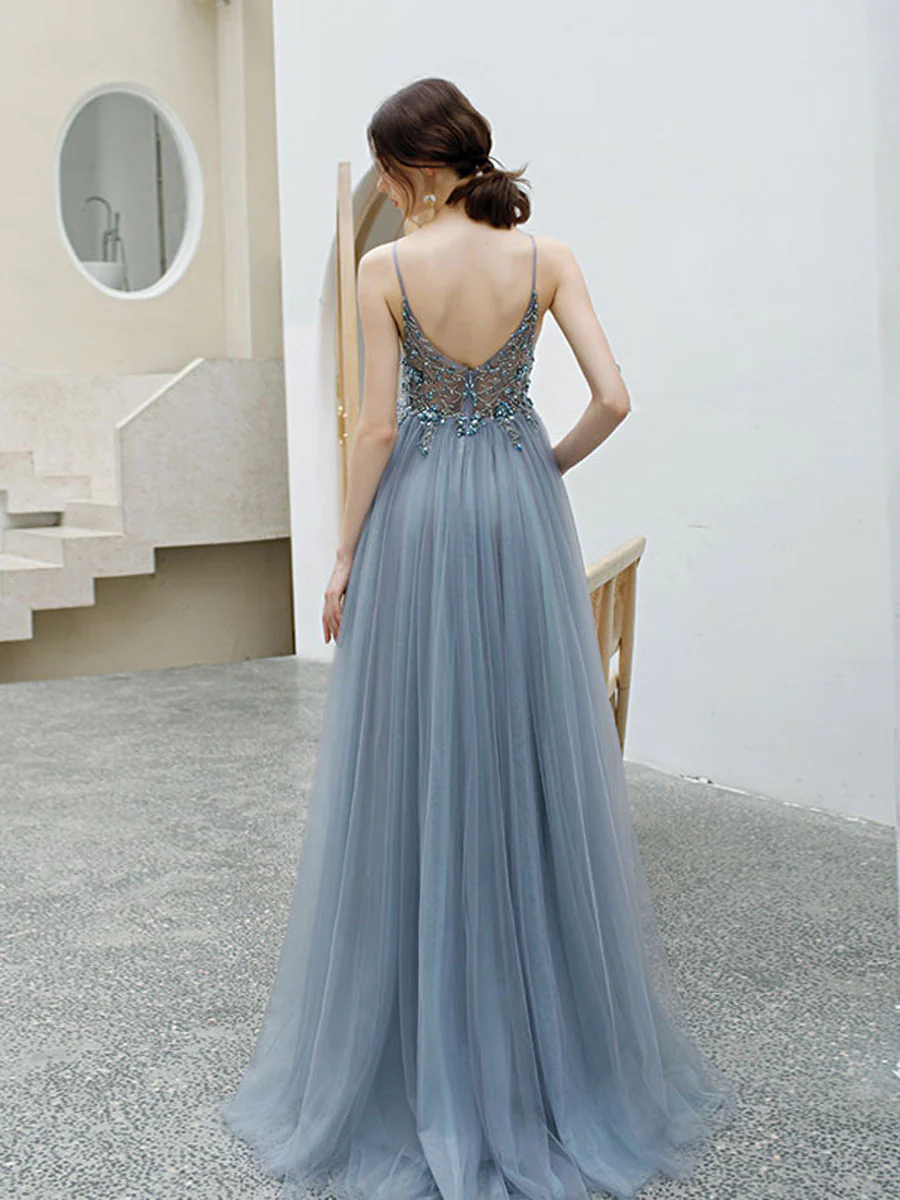 Gray blue v neck tulle beads long prom dress, gray tulle formal dress - Deanwangkt