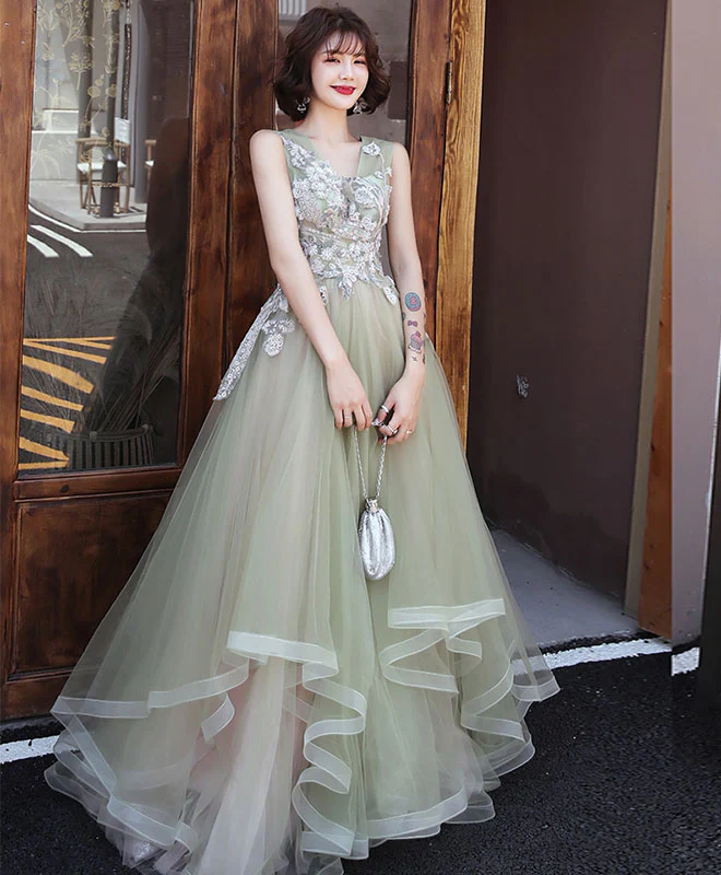 Green V Neck Tulle Lace Long Prom Dress, Green Formal Dress - Deanwangkt