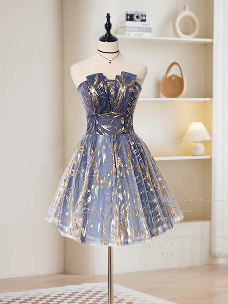 A-Line Tulle Lace Blue Short Prom Dress, Cute Blue Homecoming Dress - Deanwangkt