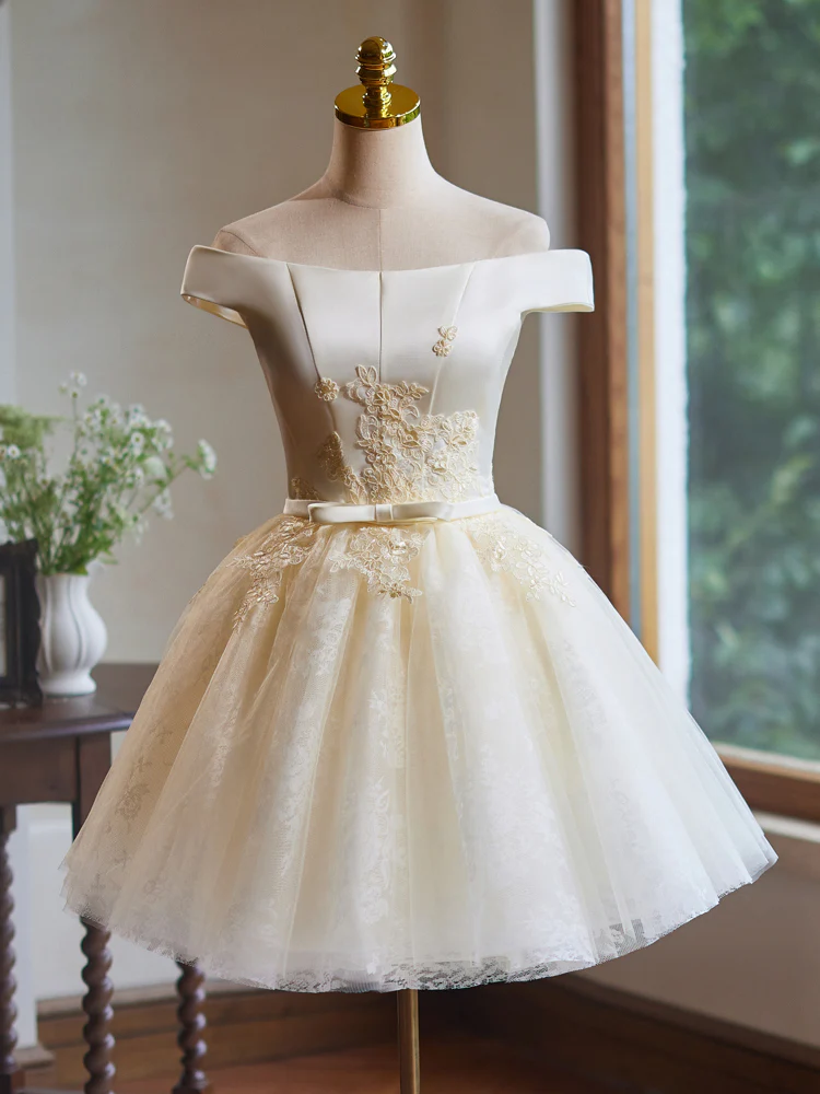 A-Line Off Shoulder Tulle Lace Short Champagne Prom Dress, Champagne Homecoming Dress - Deanwangkt