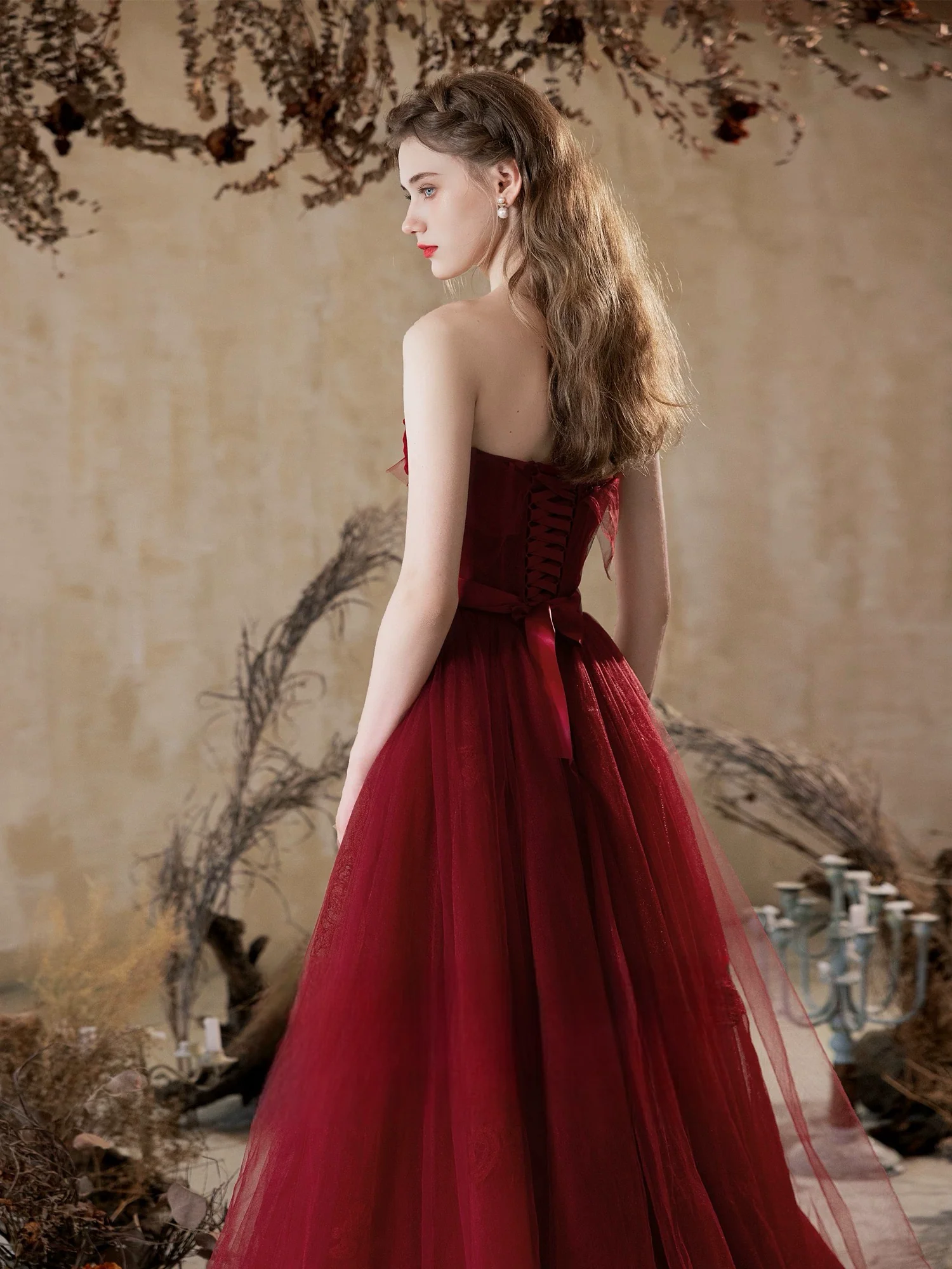 A-Line Tulle Lace Burgundy Long Prom Dress, Burgundy Long Graduation Dress - Deanwangkt