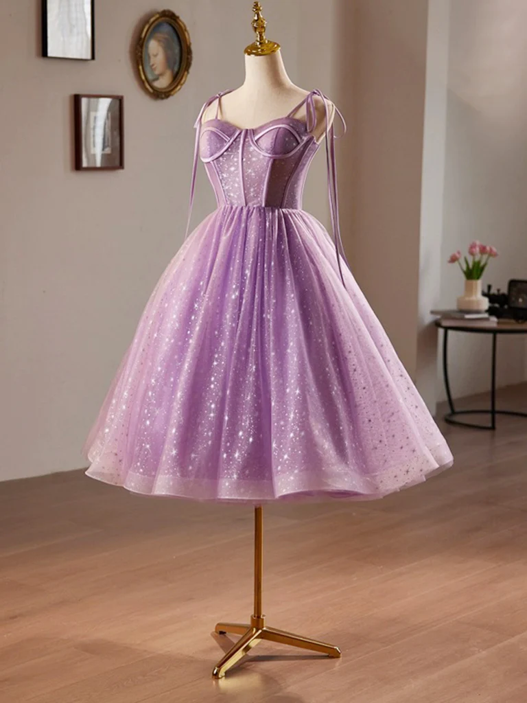 A-Line Sweetheart Neck Tulle Lace Short Purple Prom Dress, Purple Homecoming Dress - Deanwangkt