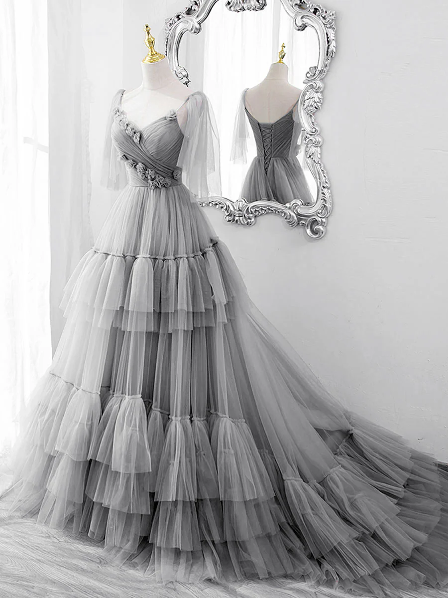 Blue v neck tulle long prom dress, blue tulle formal dress - Deanwangkt