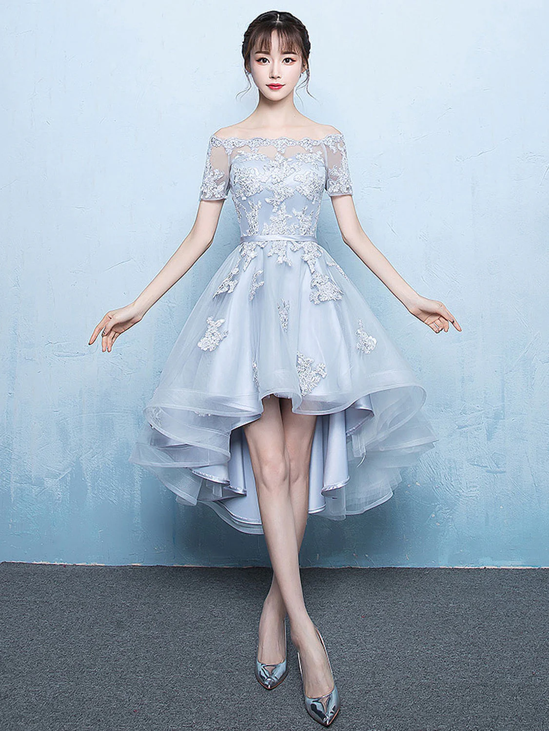 Gray A-line High Low Tulle Prom Dress, Gray Bridesmaid Dress - Deanwangkt