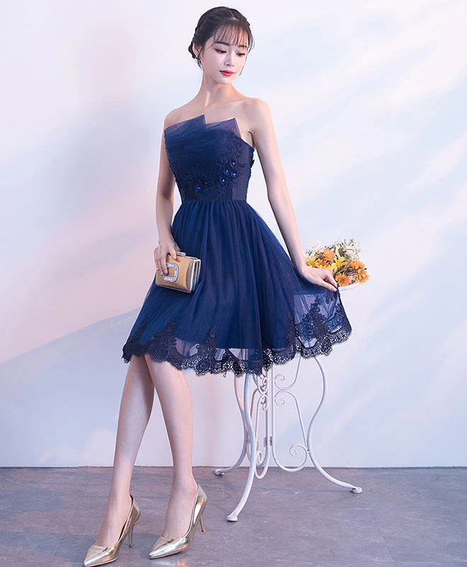 Cute Dark Blue Tulle Lace Short Prom Dress, Homecoming Dress - Deanwangkt