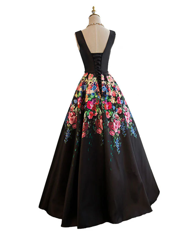 Black V Neck Floral Patterns Long Prom Dress, Black Evening Dress - Deanwangkt