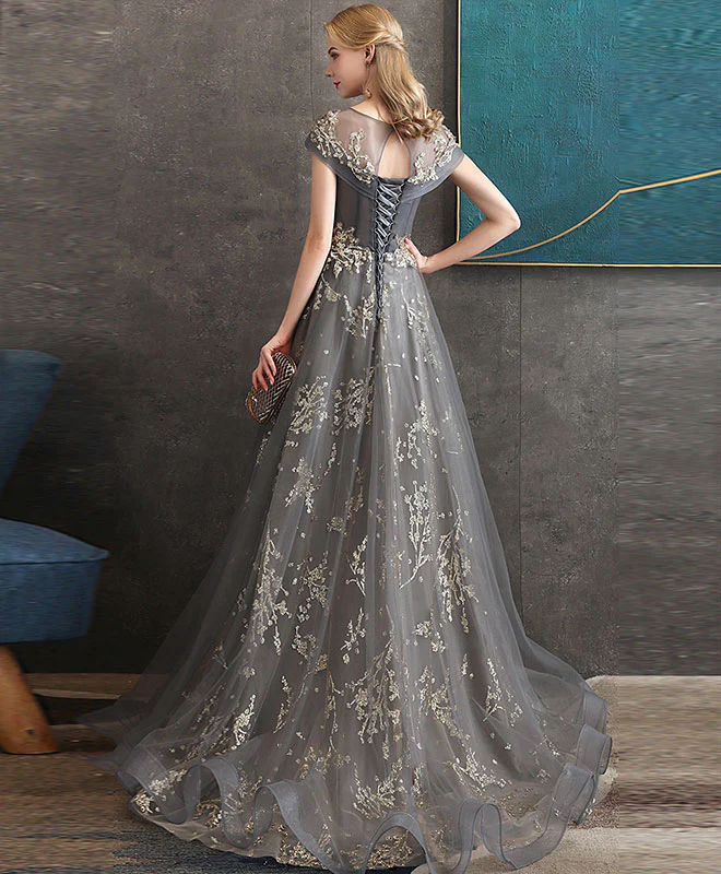 Gray Round Neck Tulle Lace Long Prom Dress Gray Tulle Formal Dress - Deanwangkt