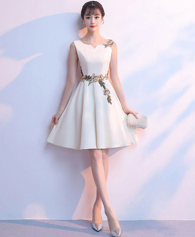 Simple Light Champagne Satin Applique Short Prom Dress, Cute Homecoming Dress - Deanwangkt