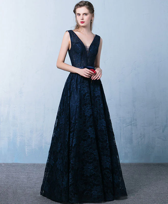 Elegant Dark Blue V Neck Long Prom Dress, Lace Evening Dress - Deanwangkt